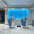 a blue and white reception area