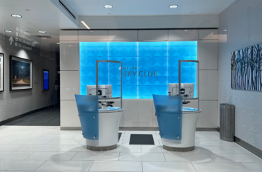 a blue and white reception area