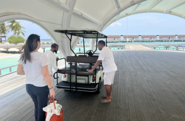 a group of people standing next to a golf cart