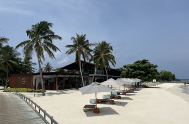 a beach with umbrellas and chairs on a wooden walkway