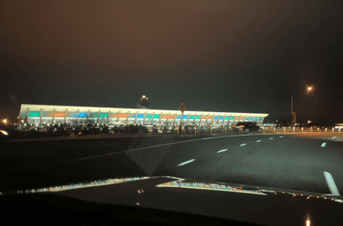 a building with lights on it