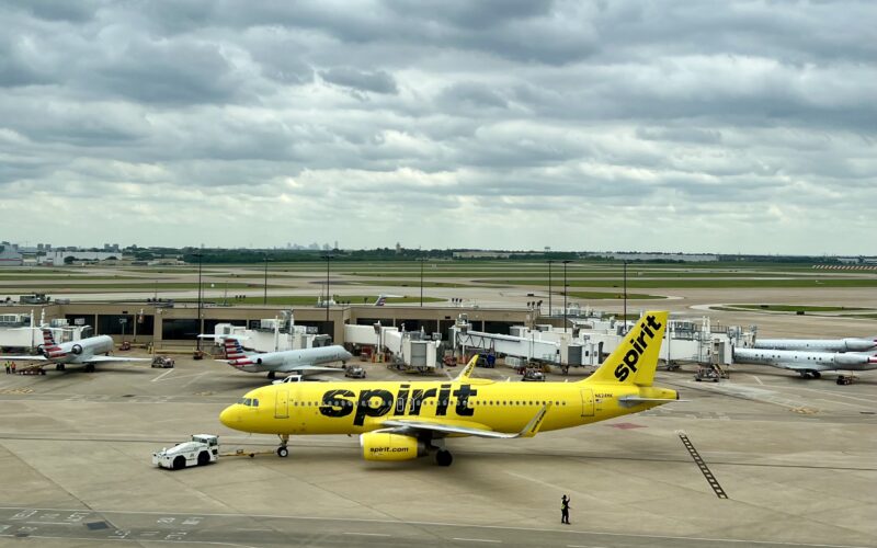 A Spirit Airlines plane at DFW Airport