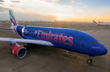 Emirates has unveiled a new livery on its flagship A380 superjumbo celebrating the carrier's partnership with the NBA.