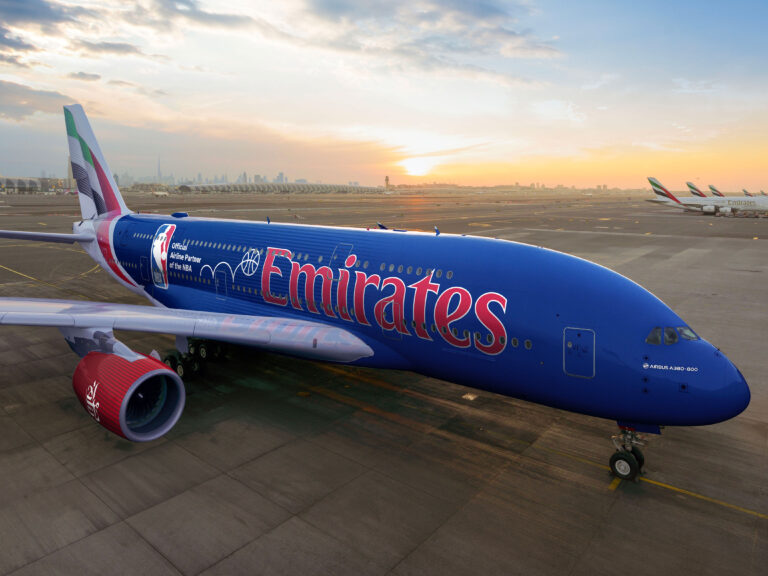 Emirates has unveiled a new livery on its flagship A380 superjumbo celebrating the carrier's partnership with the NBA.