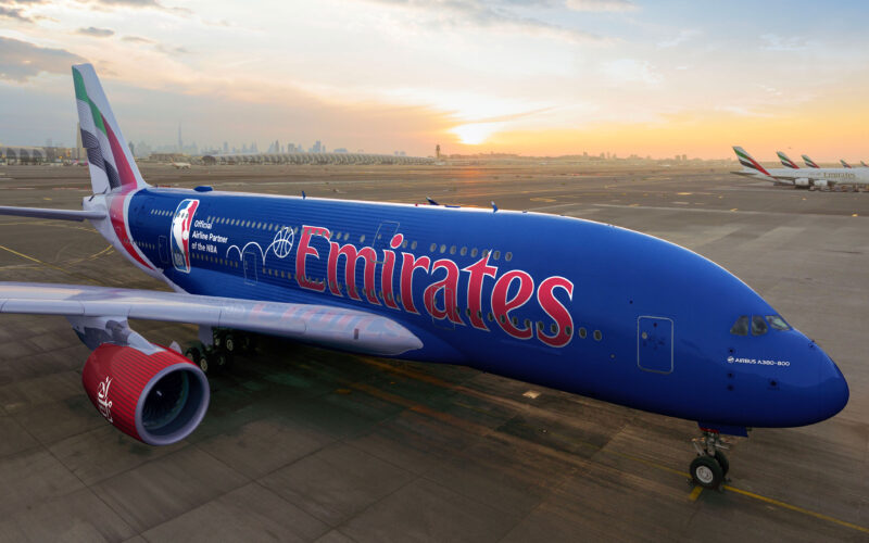 Emirates has unveiled a new livery on its flagship A380 superjumbo celebrating the carrier's partnership with the NBA.