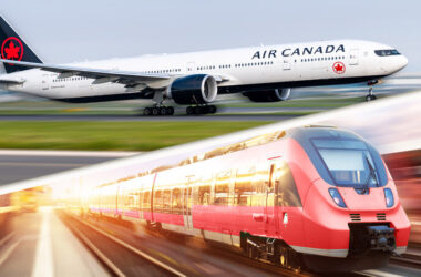 a plane and train on a runway