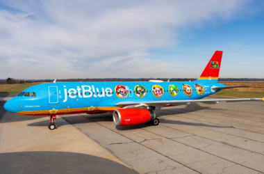 a blue airplane with cartoon characters on it