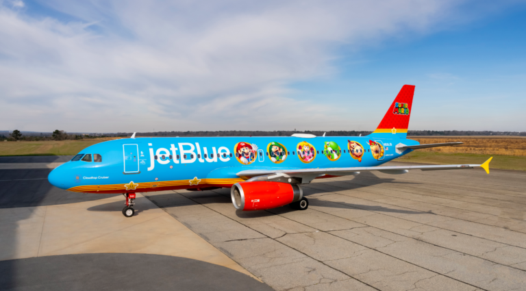 a blue airplane with cartoon characters on it