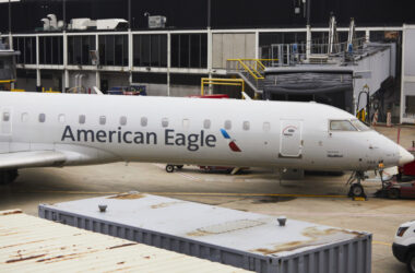 an airplane parked in a hangar