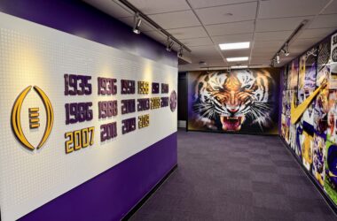 a hallway with pictures of tigers and numbers