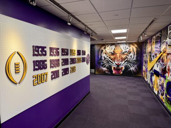 a hallway with pictures of tigers and numbers