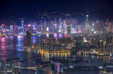 a cityscape with lights at night
