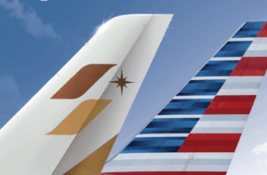 close-up of the tail of an airplane